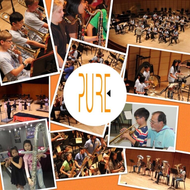 A logo of PURE Orchestral Centre, with photos of different classes as background.