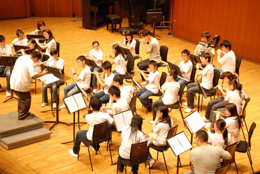 A group of students is performing on stage at DSC, one of our partnering schools.