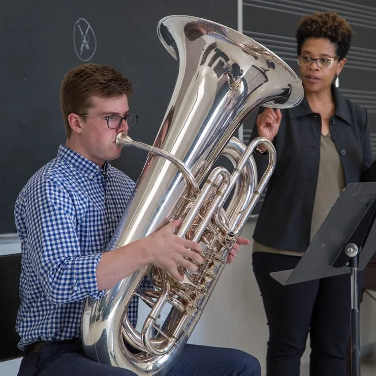 A student is having the tuba lesson with an excellent teacher!