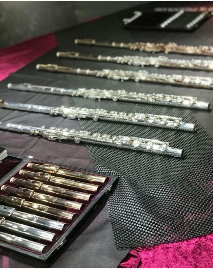 Collecttion of professional flutes of different materials like sterling silver and gold
